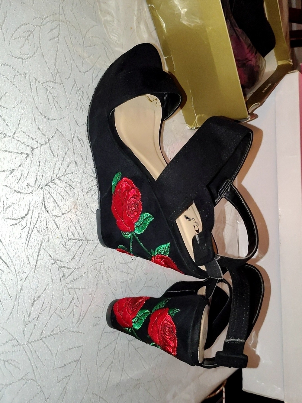 Rue21 Black Wedge Sandals with Red Rose Embroidery